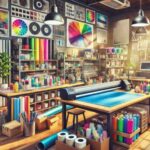 Espacio creativo en una industria de impresión con vinilos coloridos, materiales organizados y herramientas de diseño, iluminado por luz natural y con un ambiente profesional y artístico