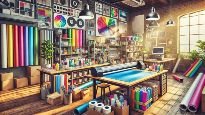 Espacio creativo en una industria de impresión con vinilos coloridos, materiales organizados y herramientas de diseño, iluminado por luz natural y con un ambiente profesional y artístico